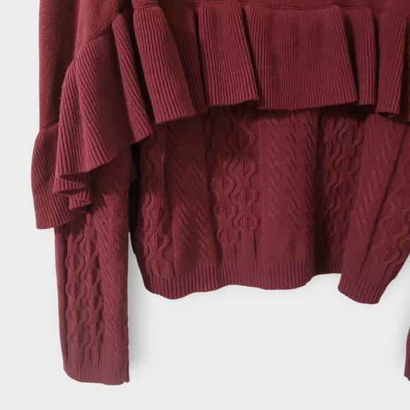 Project Naadam Cable Knit Ruffled Draped Turtleneck Sweater Burgundy Sz Medium - Picture 3 of 11